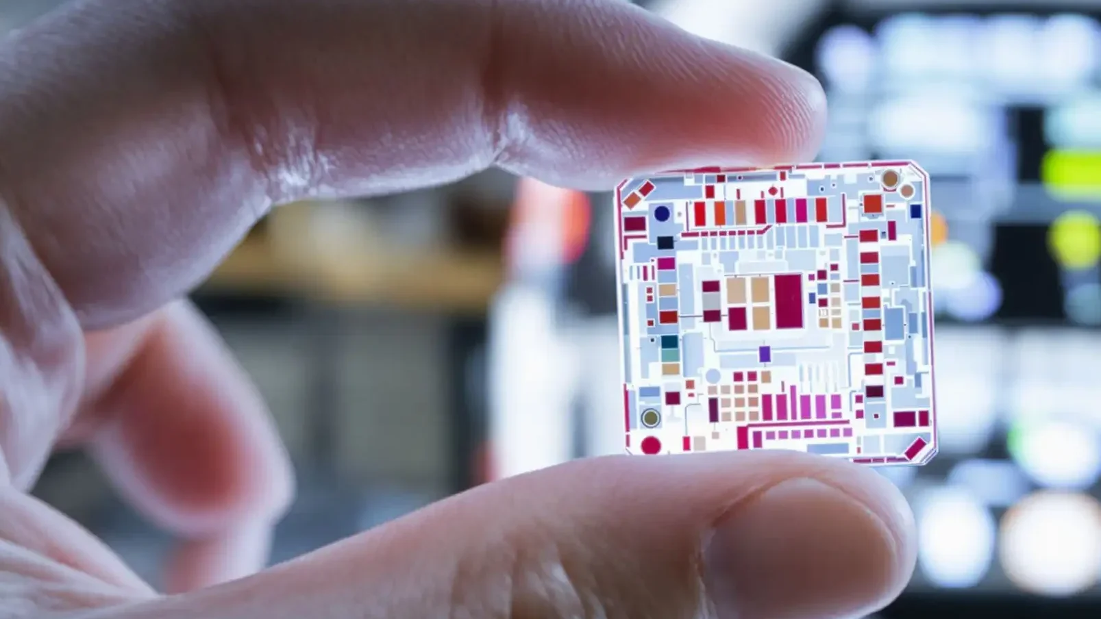 A close-up of a person's hand holding a small, transparent microchip with intricate, colorful circuitry patterns. The background is blurred, showing a high-tech laboratory or medical device interface with illuminated buttons and screens.