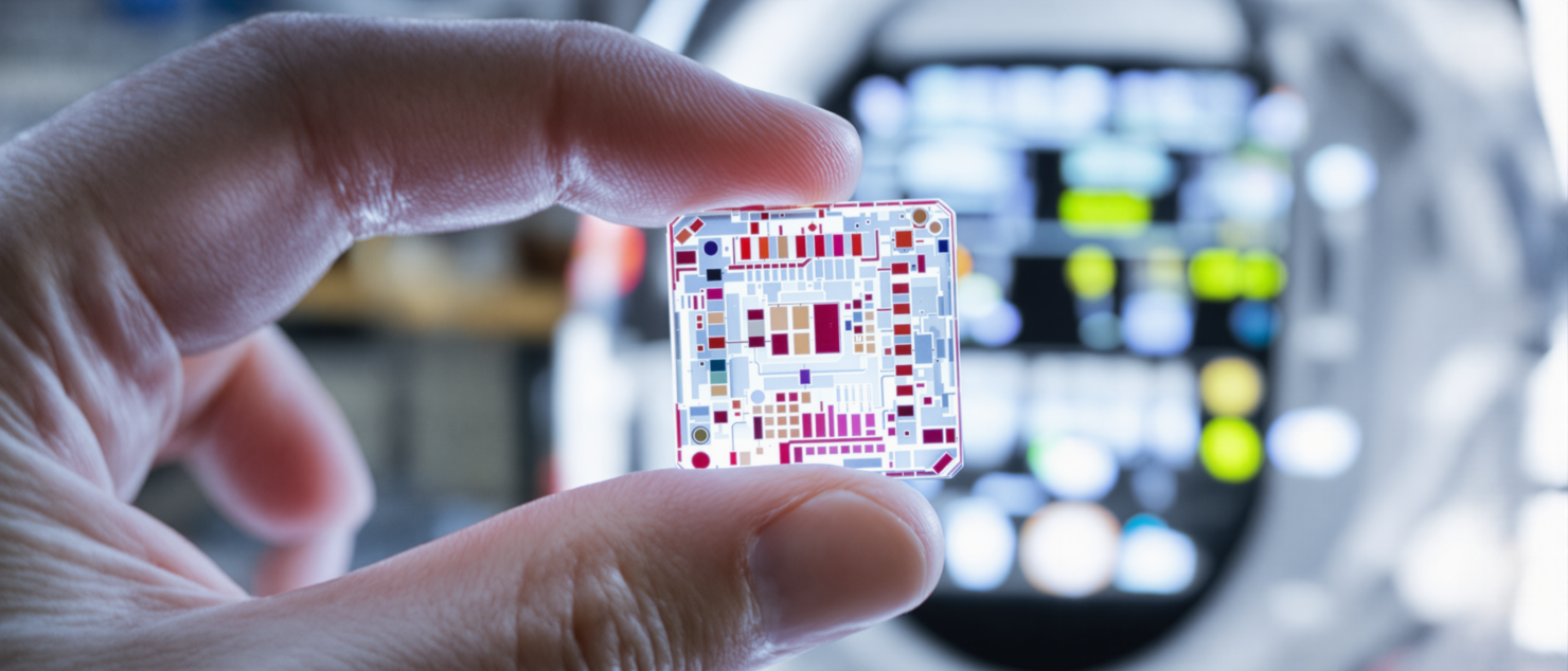 A close-up of a person's hand holding a small, transparent microchip with intricate, colorful circuitry patterns. The background is blurred, showing a high-tech laboratory or medical device interface with illuminated buttons and screens.