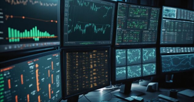 Multiple computer monitors displaying financial and data analytics charts, graphs, and numerical data in a high-tech setup, indicating real-time monitoring and analysis in a professional workspace.