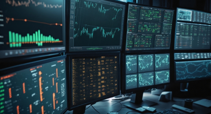 Multiple computer monitors displaying financial and data analytics charts, graphs, and numerical data in a high-tech setup, indicating real-time monitoring and analysis in a professional workspace.