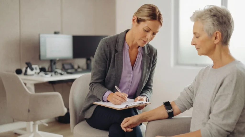 Comfort evaluation in medical device design showing researcher recording observations while assessing wearable device fit on a participant's wrist