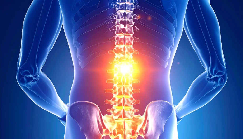 Abstract illustration of the human spine with a glowing focal point in the lumbar region