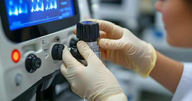 A person adjusting a medical device in a clinical setting.