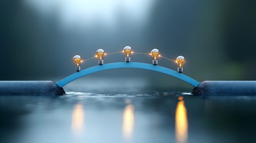 MedTech CDMO partnership- Illuminating abstract bridge made of light bulbs symbolizing innovative solutions that connect problems to goals and The glowing futuristic structure represents the power of technology creativity
