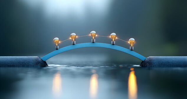 MedTech CDMO partnership- Illuminating abstract bridge made of light bulbs symbolizing innovative solutions that connect problems to goals and The glowing futuristic structure represents the power of technology creativity