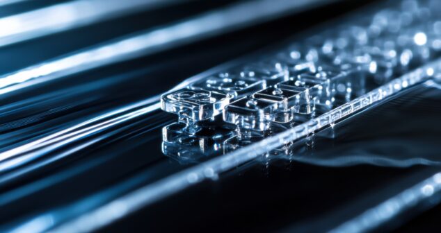 An extreme close-up of a microfluidic device manipulating tiny volumes of fluid for biomedical applications, Microfluidics technology style, photo of