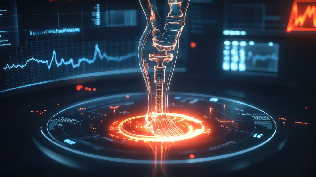 A glowing 3D holographic display of a joint replacement procedure, showing the integration of an orthopedic implant with surrounding bone structures, surrounded by recovery data and mobility improvement charts.