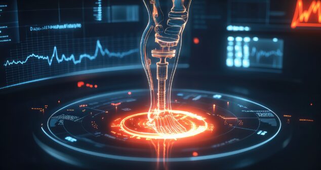 A glowing 3D holographic display of a joint replacement procedure, showing the integration of an orthopedic implant with surrounding bone structures, surrounded by recovery data and mobility improvement charts.