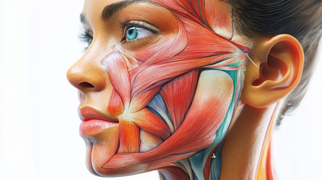 Detailed 3D rendering of human facial muscles. A visual guide to the complex anatomy of the face and neck.