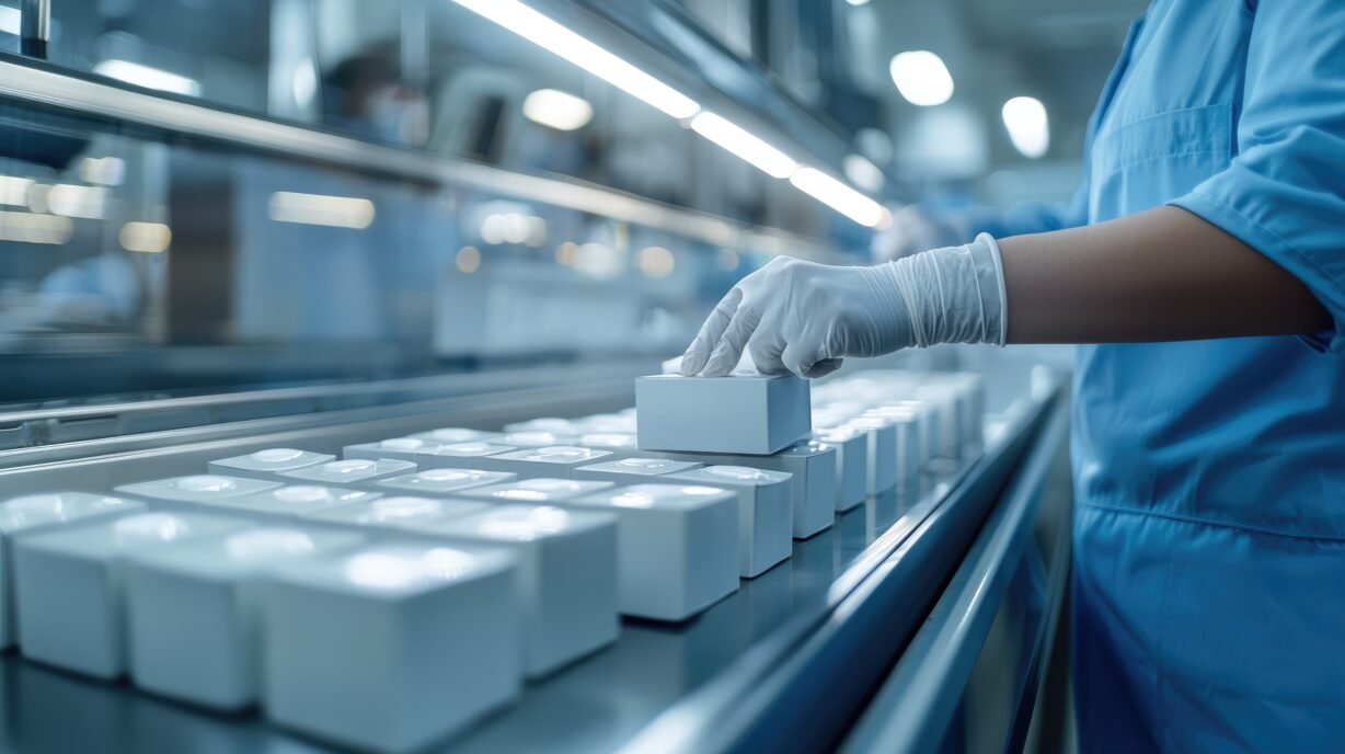 Human compatibility testing steps in medical device development - A pharmaceutical packaging line with a worker closely monitoring the sealing of medical boxes under strict hygiene protocols.