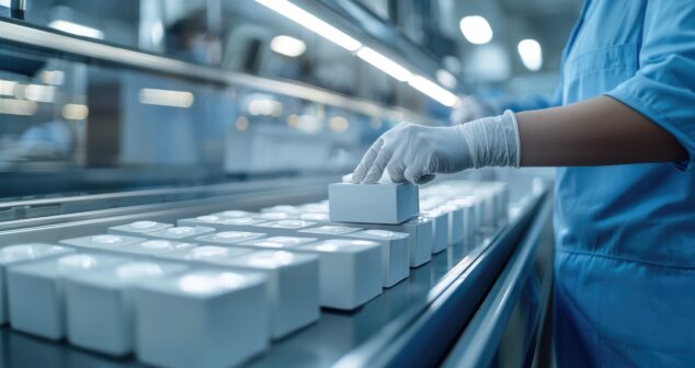 Human compatibility testing steps in medical device development - A pharmaceutical packaging line with a worker closely monitoring the sealing of medical boxes under strict hygiene protocols.