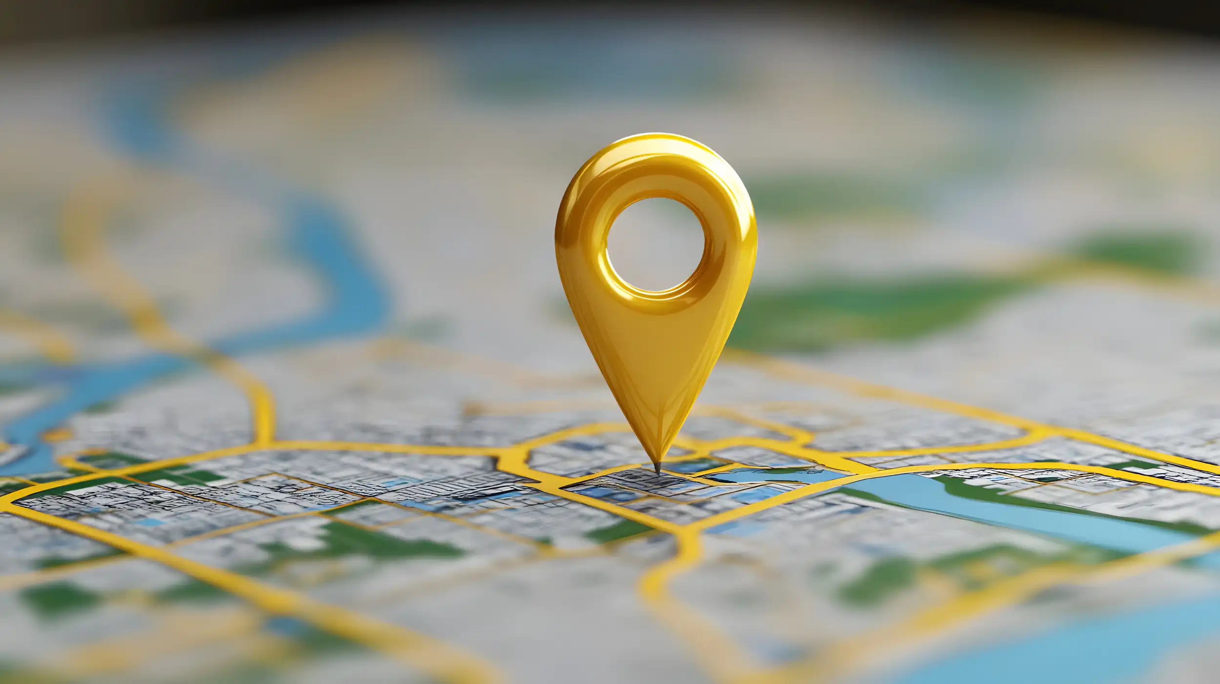 Close-up of a golden location pin marker on a city street map, symbolizing StarFish Medical office locations.