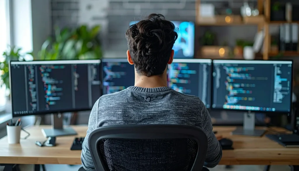 Rear view of a software developer sitting at a desk working on multiple monitors displaying lines of code.