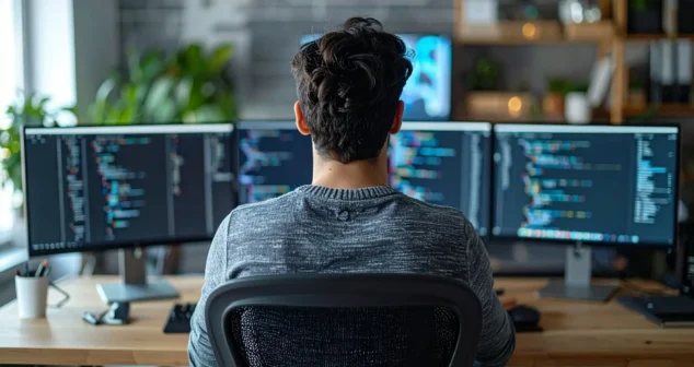 Rear view of a software developer sitting at a desk working on multiple monitors displaying lines of code.