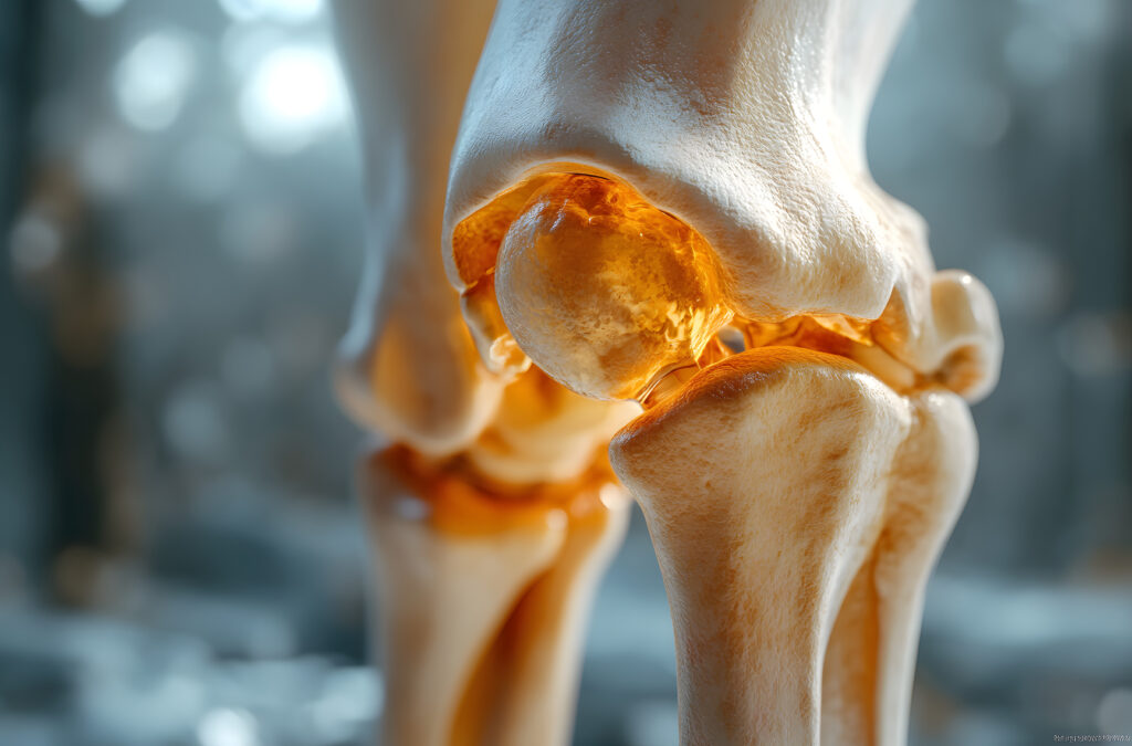 3D-rendered image of a knee joint with osteoarthritis