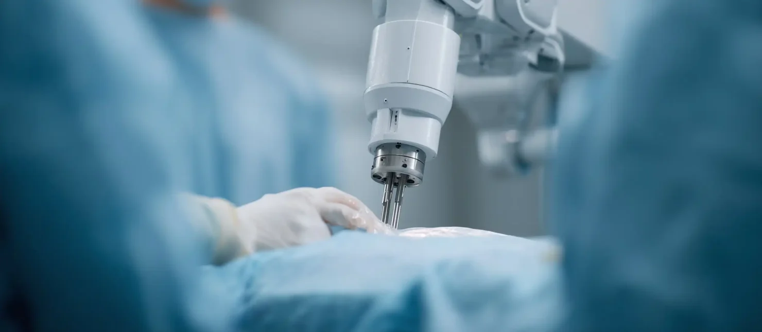 Close-up of a robotic surgical system performing a minimally invasive procedure on a patient in the operating room