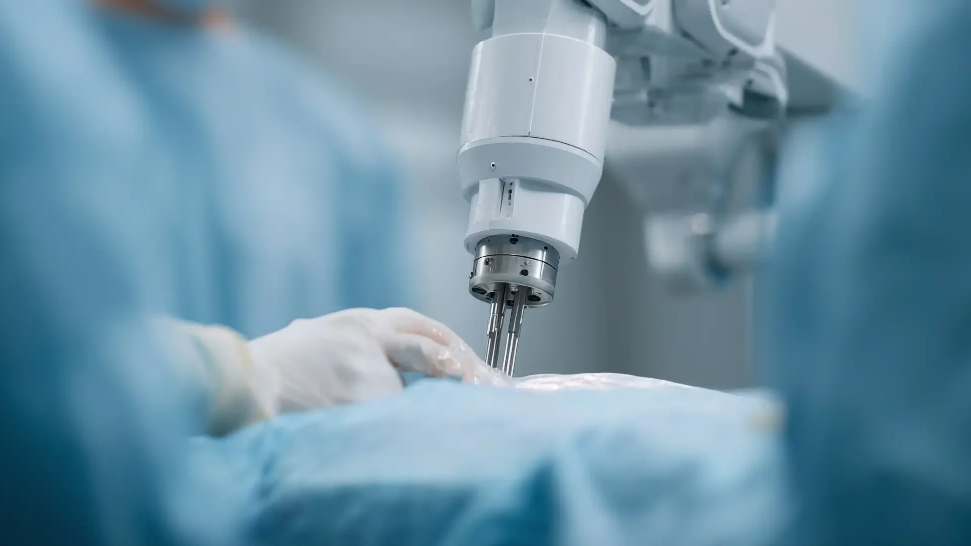 Close-up of a robotic surgical system performing a minimally invasive procedure on a patient in the operating room