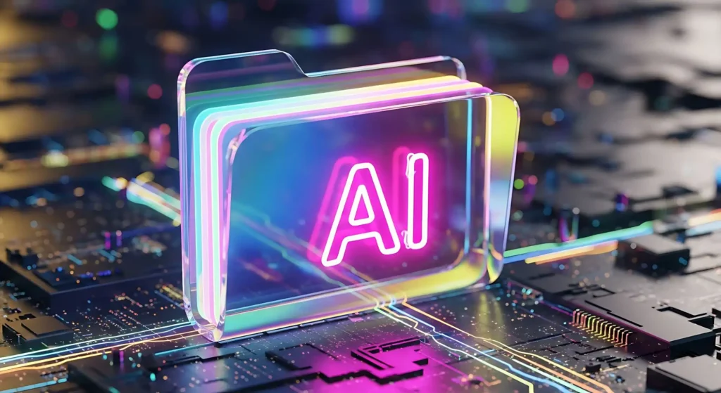 AI data folder concept on a circuit board representing artificial intelligence in hardware design and component management for medical devices.
