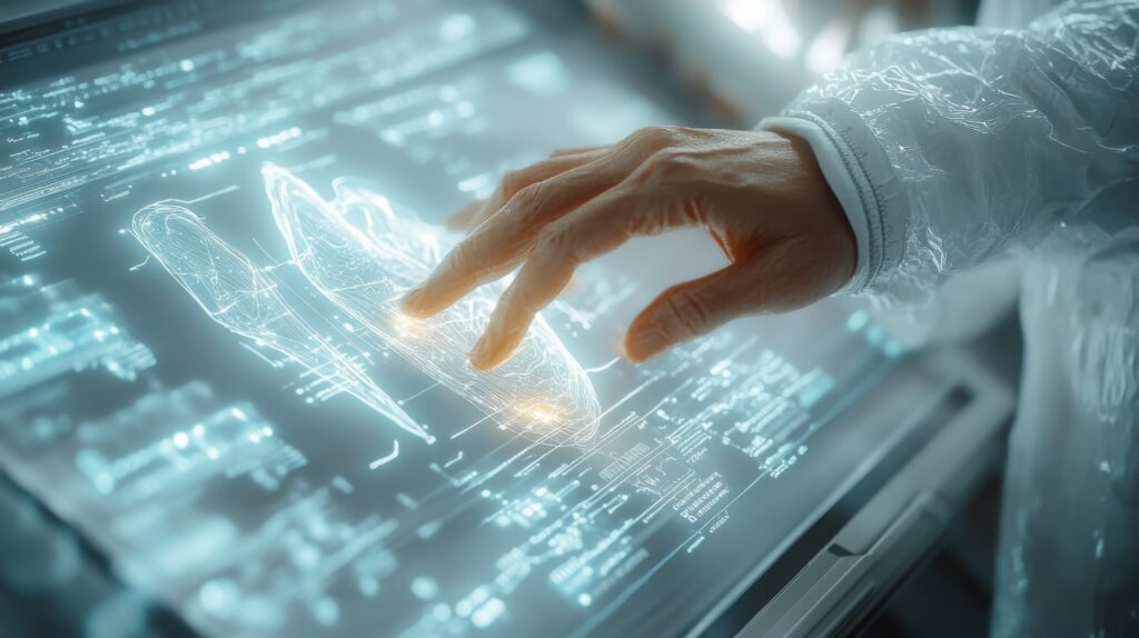 Medical device simulation - Scientist interacting with holographic brain interface unlocking future insights focused bright glow