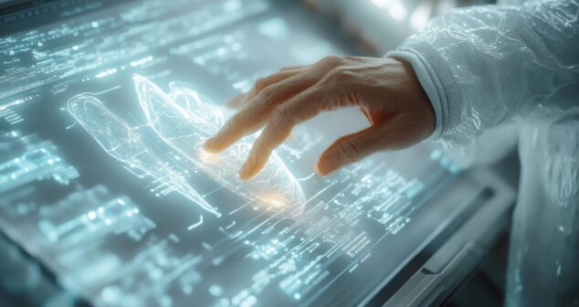 Medical device simulation - Scientist interacting with holographic brain interface unlocking future insights focused bright glow