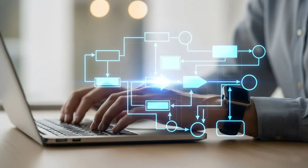 Engineer reviewing a systems workflow diagram representing proportional verification planning in medical device development