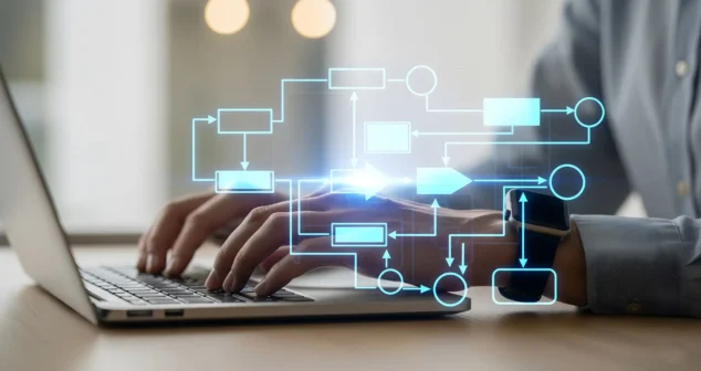 Engineer reviewing a systems workflow diagram representing proportional verification planning in medical device development