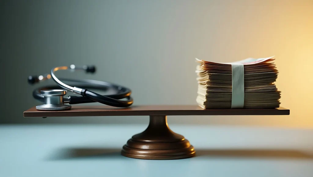 Balance scale with a stethoscope on one side and a stack of cash on the other representing value creation in MedTech after commercialization.