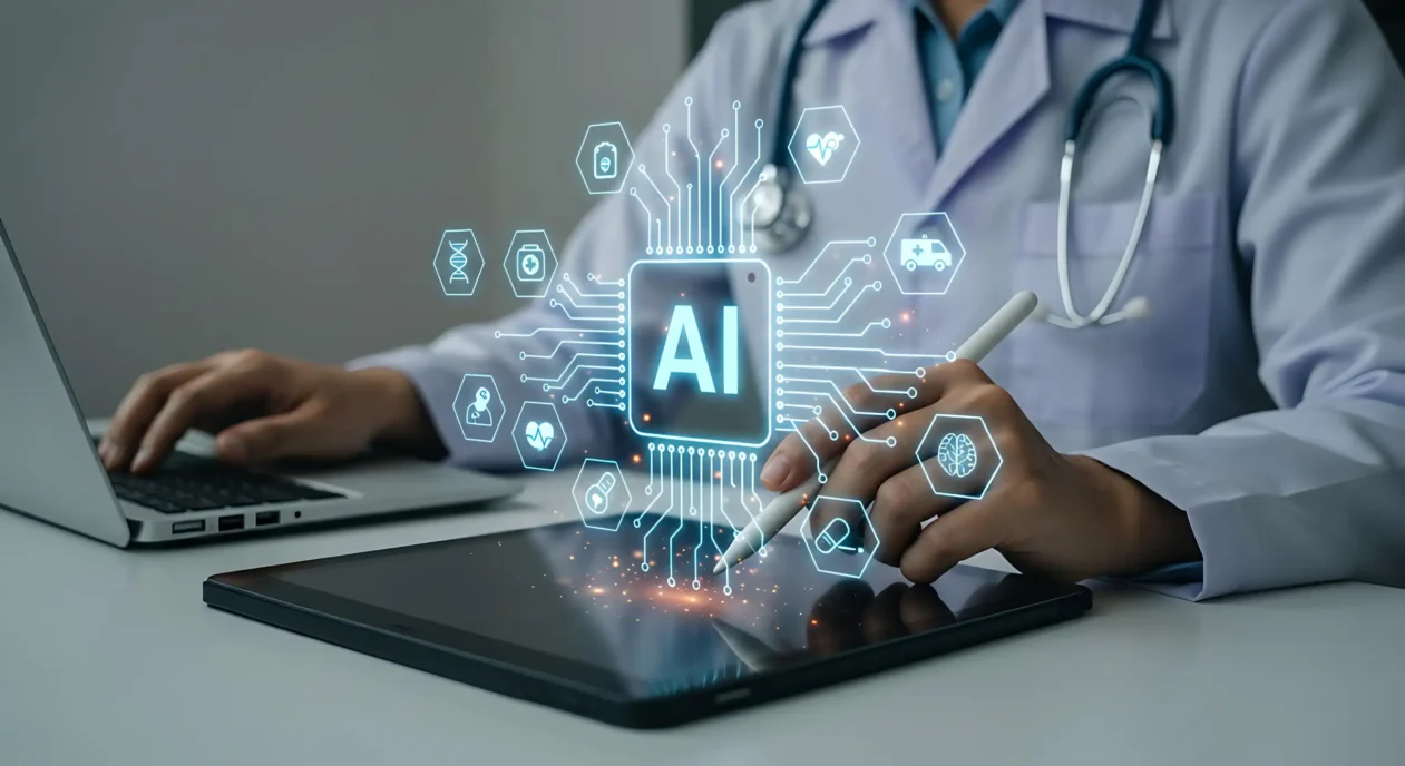 Doctor using tablet with AI medical technology icons, symbolizing data analysis and AI-enabled devices in healthcare.