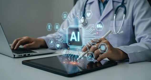 Doctor using tablet with AI medical technology icons, symbolizing data analysis and AI-enabled devices in healthcare.