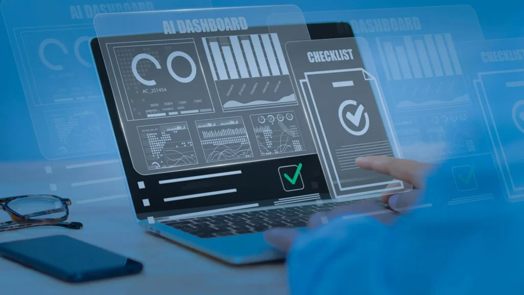 AI dashboard and digital checklist displayed on a laptop as a MedTech founder reviews workflow automation.