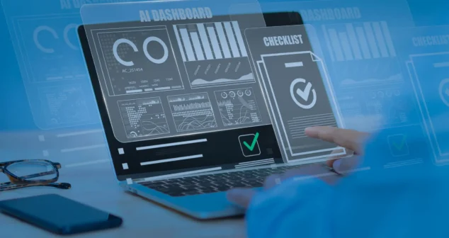 AI dashboard and digital checklist displayed on a laptop as a MedTech founder reviews workflow automation.