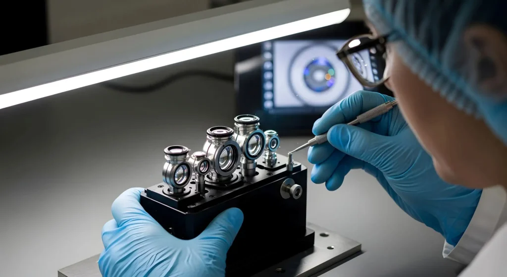 Engineer in cleanroom assembling precision medical device prototype with optical components