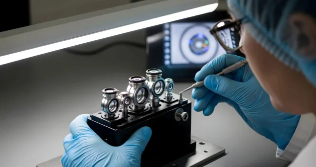 Engineer in cleanroom assembling precision medical device prototype with optical components
