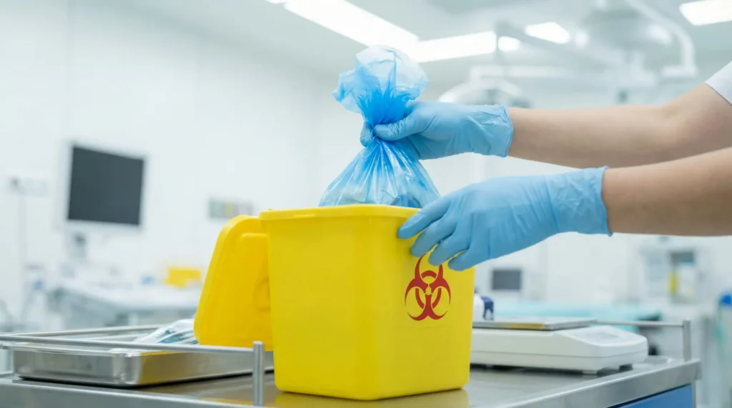 Healthcare worker disposing hazardous medical waste into a biohazard container in a hospital setting