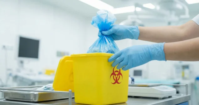 Healthcare worker disposing hazardous medical waste into a biohazard container in a hospital setting