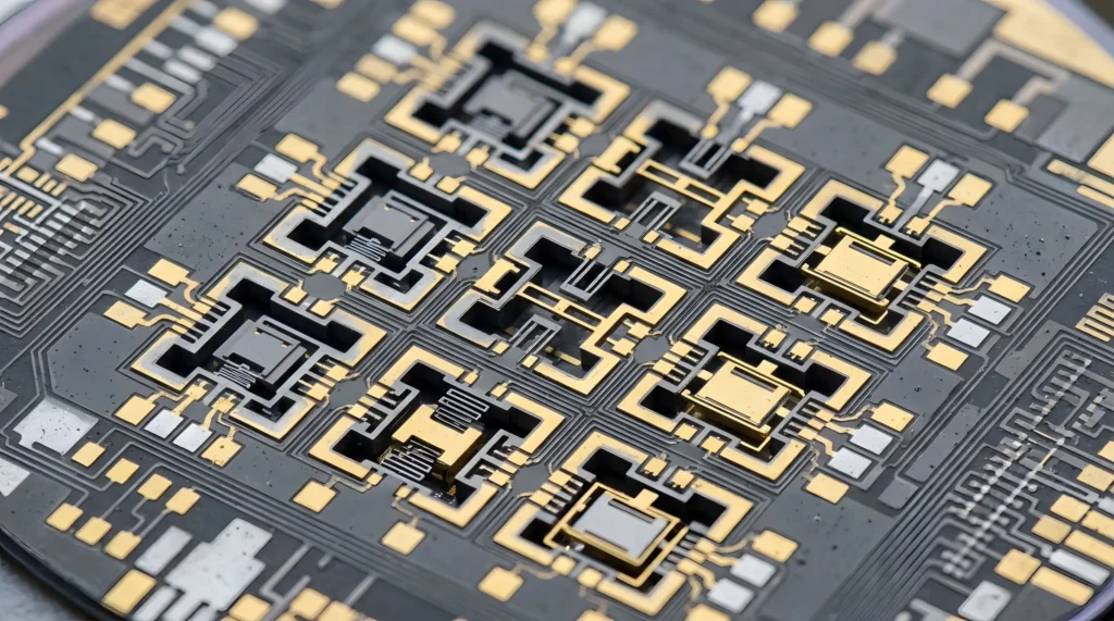 Macro view of optical sensor components on a PCB used in medical device optical detectors