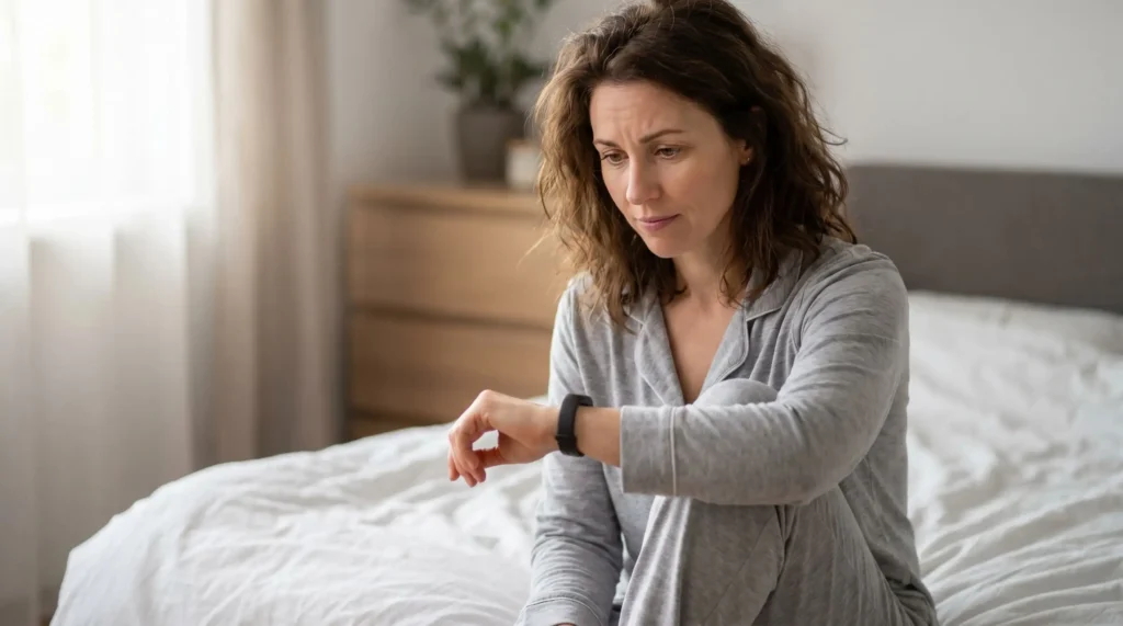 Woman checking smartwatch health data UX design with concerned expression after waking, illustrating how poorly framed health metrics cause anxiety