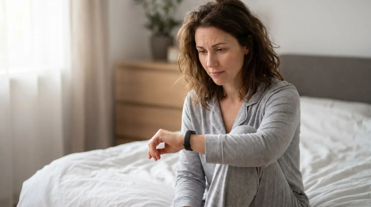 Woman checking smartwatch health data UX design with concerned expression after waking, illustrating how poorly framed health metrics cause anxiety