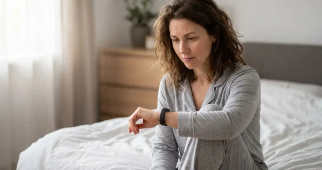 Woman checking smartwatch health data UX design with concerned expression after waking, illustrating how poorly framed health metrics cause anxiety
