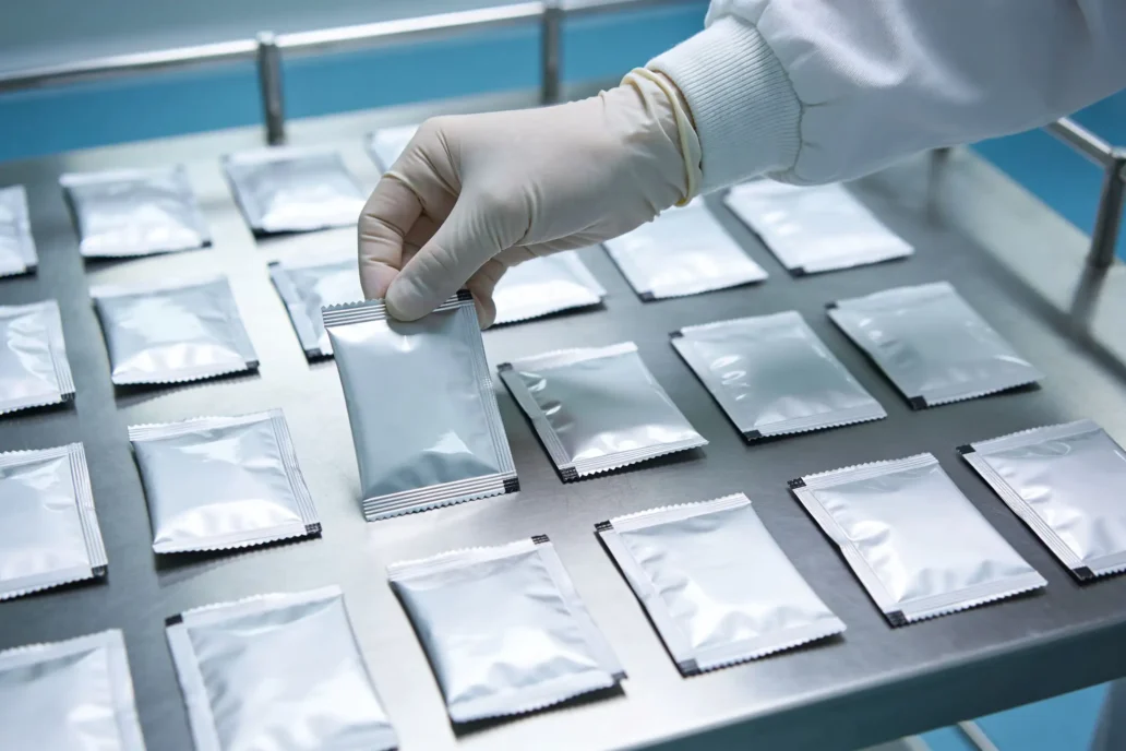 Gloved technician handling sterile medical device packages during V&V sample testing