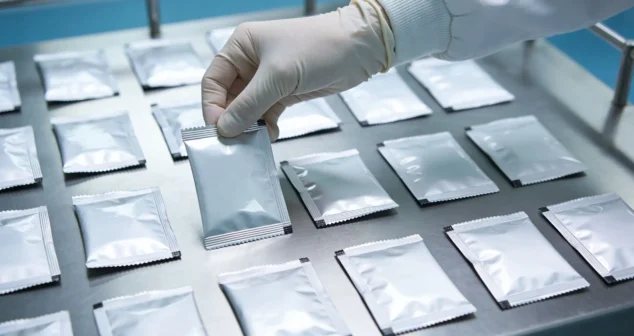Gloved technician handling sterile medical device packages during V&V sample testing