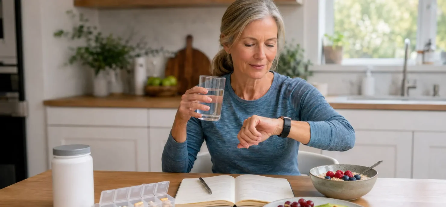 Older woman at home checking a smartwatch while managing medications, illustrating remote monitoring medical devices in daily life