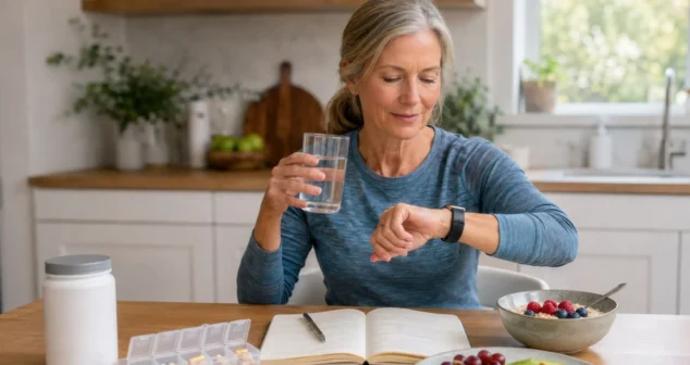 Older woman at home checking a smartwatch while managing medications, illustrating remote monitoring medical devices in daily life