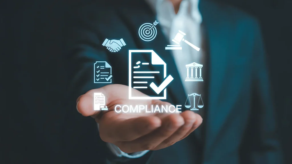 Businessman holding a glowing compliance icon with legal and regulatory symbols, representing REACH SVHC compliance for medical device manufacturers