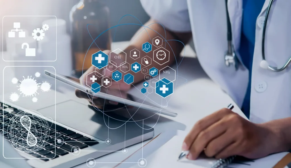 Doctor using tablet to monitor remote medical devices reliability with connected healthcare data and digital interface