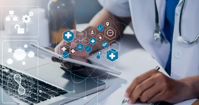 Doctor using tablet to monitor remote medical devices reliability with connected healthcare data and digital interface