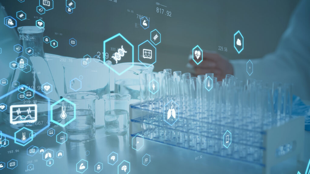 Laboratory setting with test tubes and beakers, overlaid with futuristic medical and scientific icons, representing biotechnology and data-driven research.