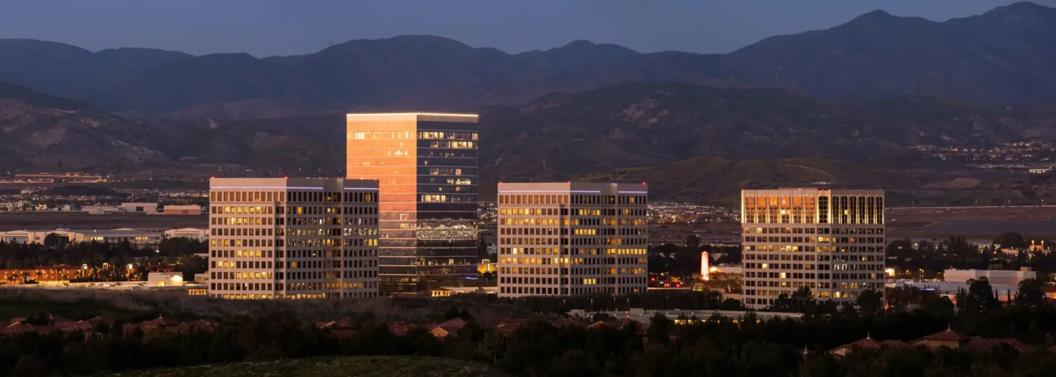 Twilight panoramic view of the skyline of downtown Irvine, California, USA.