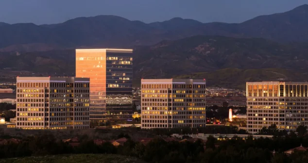 Twilight panoramic view of the skyline of downtown Irvine, California, USA.