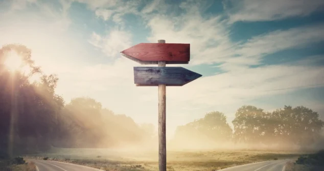 Rightness Trap Medtech concept showing a crossroads decision with opposing directional signs